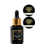 Black serum bottle with dropper labeled 'Bella Vida Santa Barbara Sunlight Serum with Acetyl Hexapeptide-8 and Bakuchiol on a reflective surface.recognized with two Beauty Shortlist Awards badges for 2024 and 2025. Sunlight Serum Botox Alternative without injections. Reduces wrinkles, brightens and smooths skin, hydrates, increases collagen