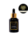 A black bottle with a dropper of Cocomero Watermelon Glow Serum with Hyaluronic Acid, labeled with the brand Bella Vida Santa Barbara luxury skincare, and an award badge for 'Beauty Shortlist Editor's Choice 2024'. The product is described as helping to achieve a glow and radiance for the skin.