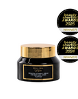 Black jar of Bella Vida Vitamin C cream with gold lid, featuring 'Beauty Shortlist Awards' badges on a white background.