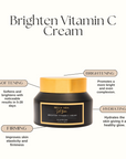 Bella Vida Brighten Vitamin C Cream jar with features on a white background. Brighten, soften, firm, and hydrate skin