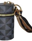 Black and gray checkered cylindrical pouch with gold zipper and black strap on a white background