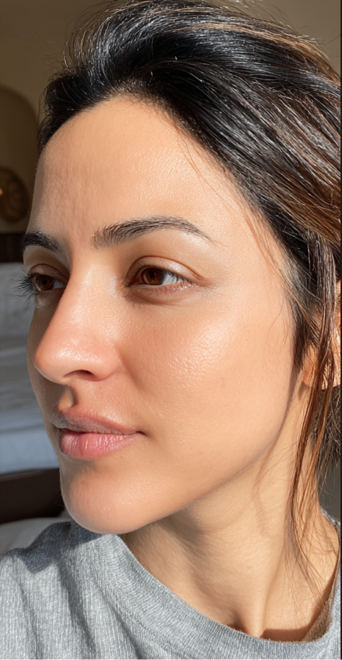 Close-up of a person with a neutral expression, wearing a gray shirt.