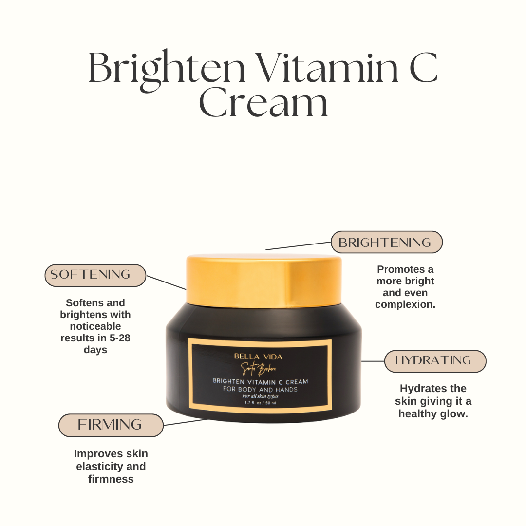 Bella Vida Brighten Vitamin C Cream jar with features on a white background. Brighten, soften, firm, and hydrate skin