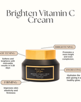 Bella Vida Brighten Vitamin C Cream jar with features on a white background. Brighten, soften, firm, and hydrate skin
