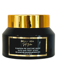 Black jar with gold lid containing Bella Vida pumpkin pie enzyme mask on a white background