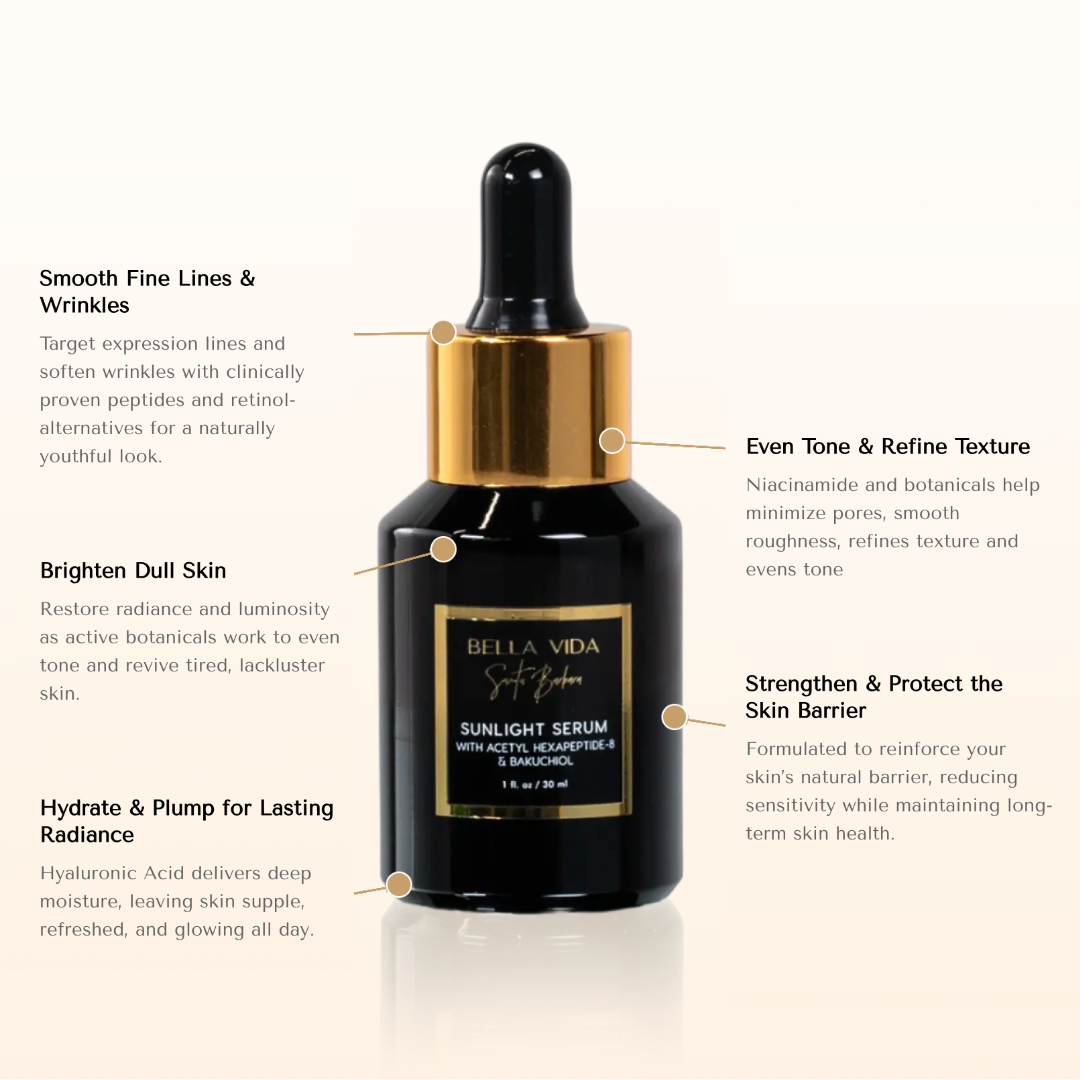 Bella Vida Sunlight Serum bottle with text highlighting its benefits on a white background