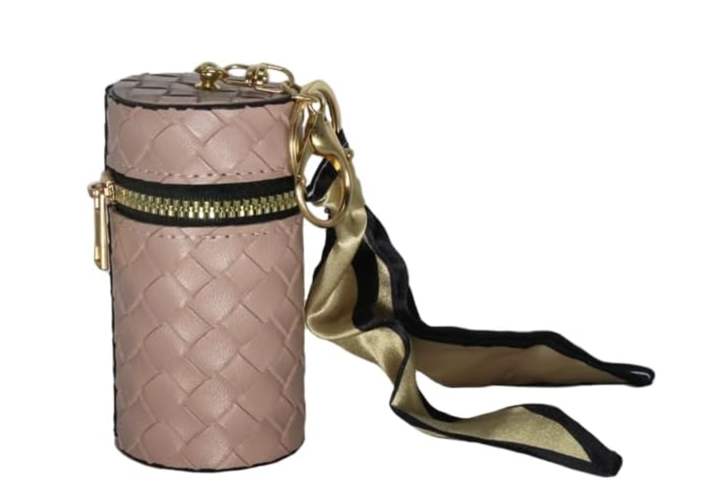 Pink textured handbag with a gold strap on a white background