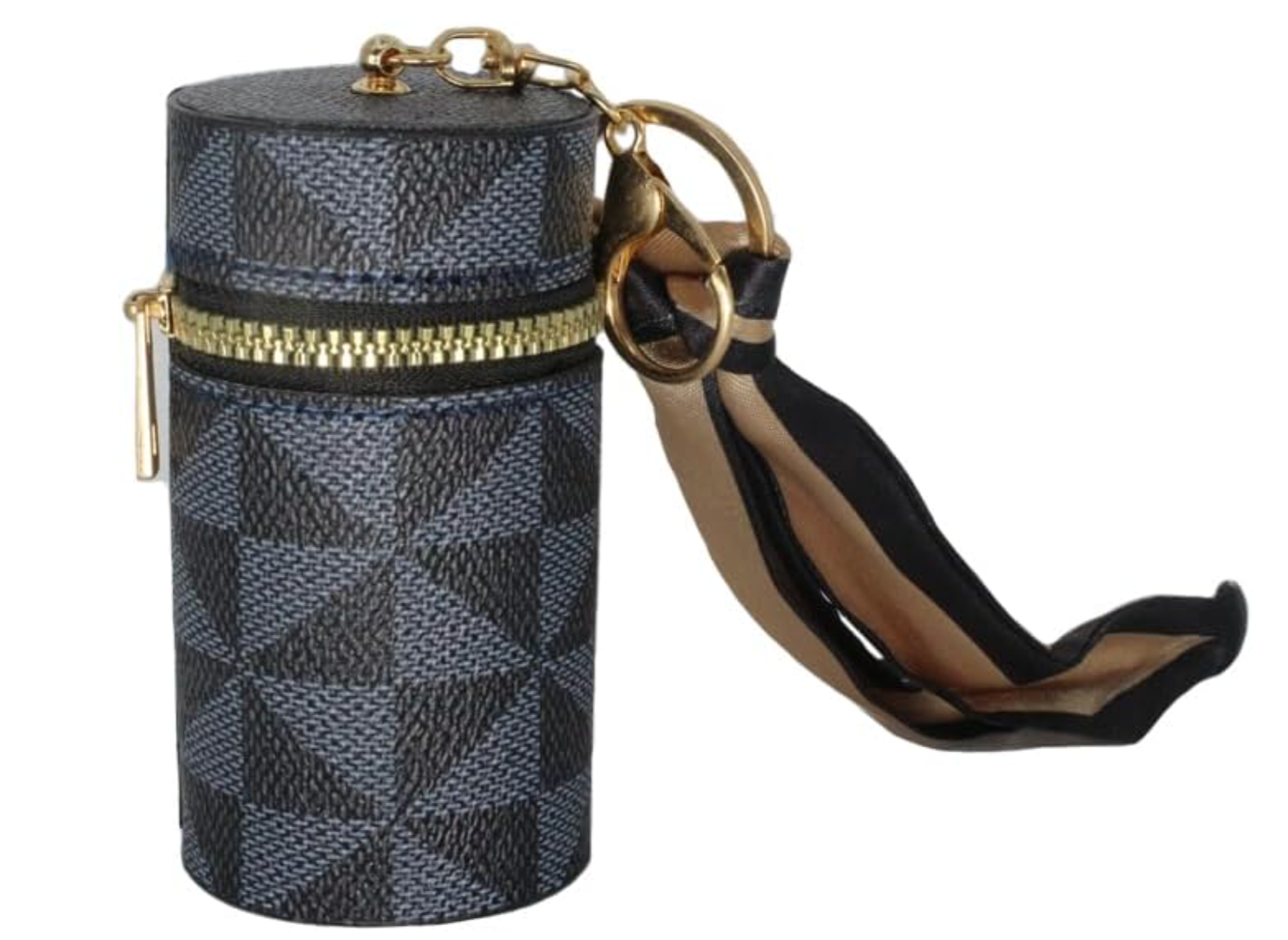 Black and gray checkered cylindrical pouch with gold zipper and black strap on a white background