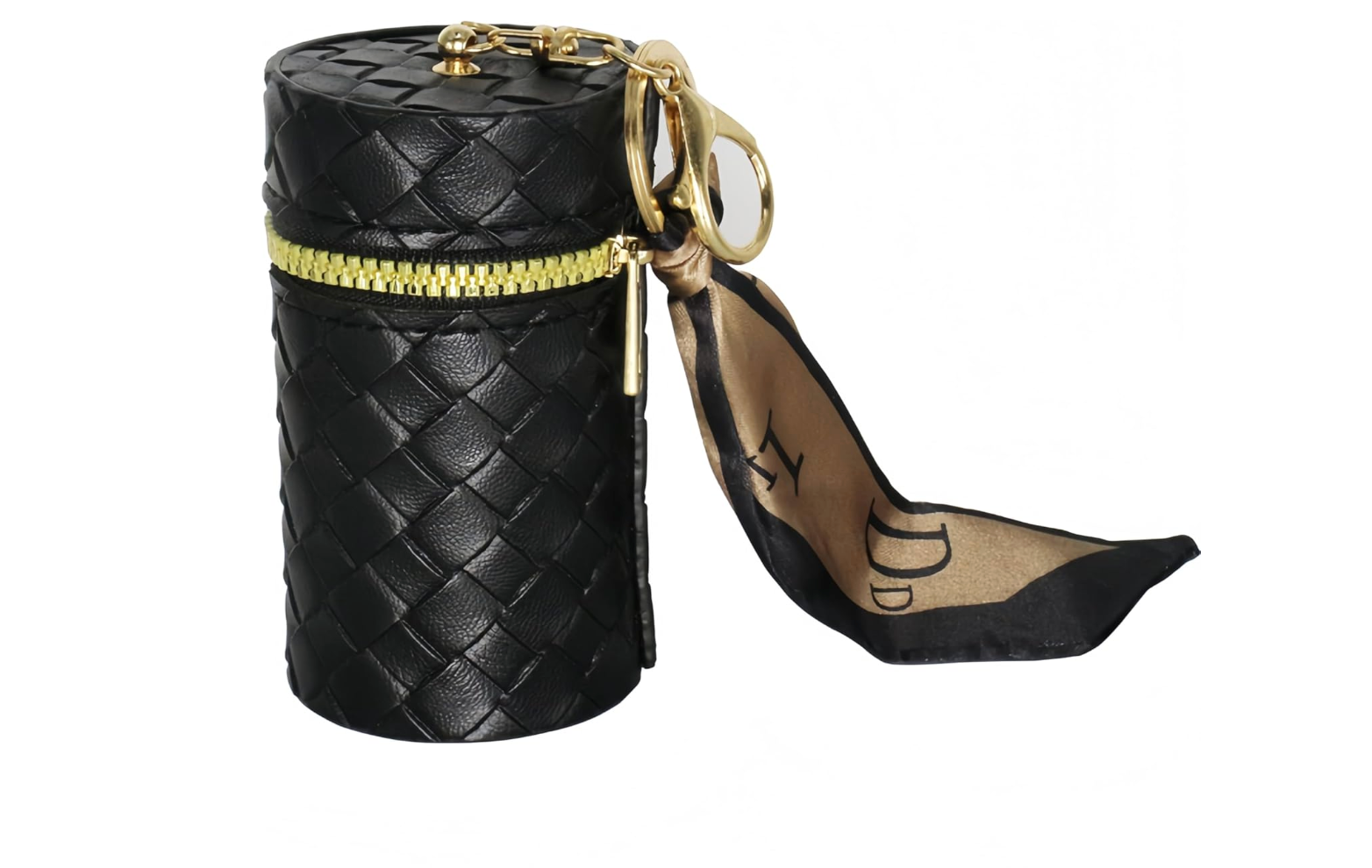 Black woven cylindrical pouch with gold zipper and matching strap on a white background