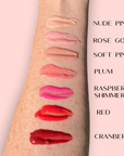 Lush Lip Oil by Bella Vida Santa Barbara swatches on a arm with color names listed