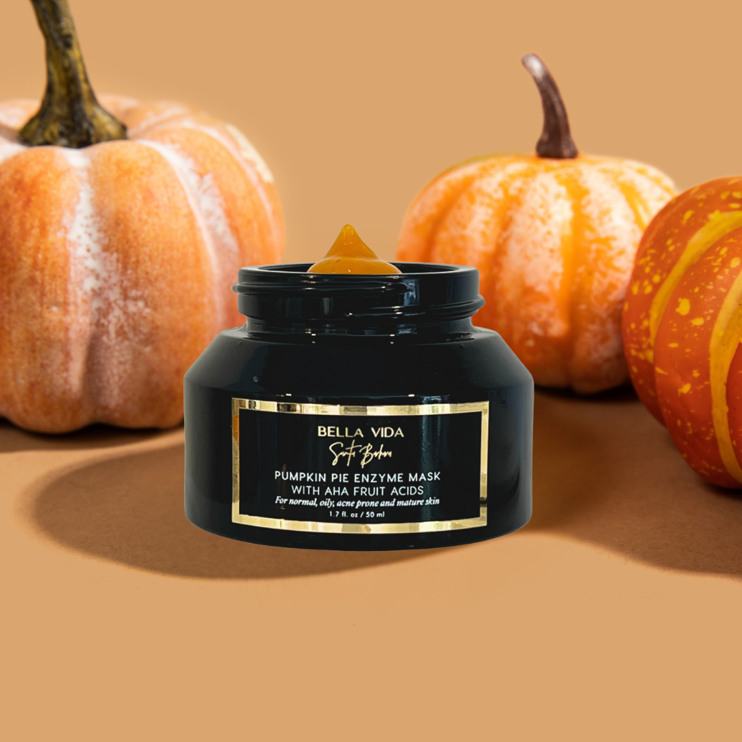 Bella Vida pumpkin pie enzyme mask with pumpkins in the background
