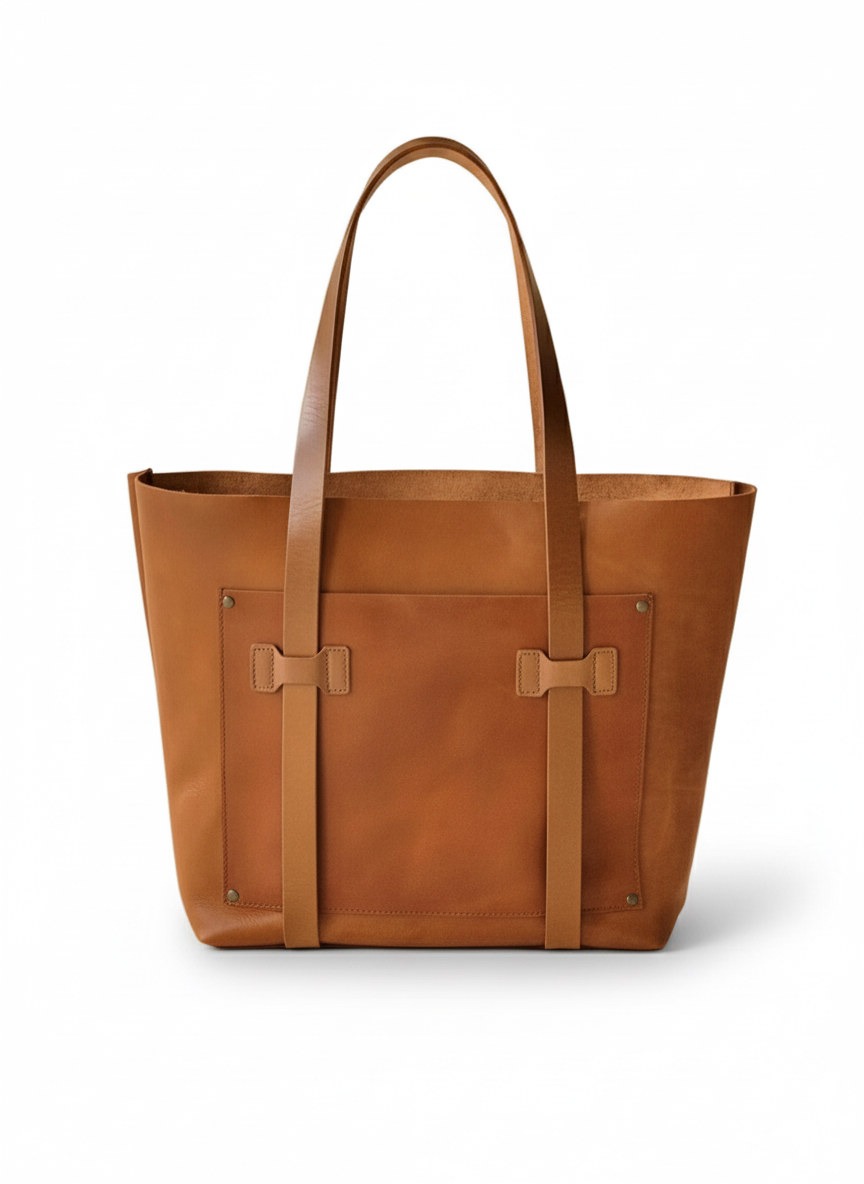Brown leather tote bag on a beige background