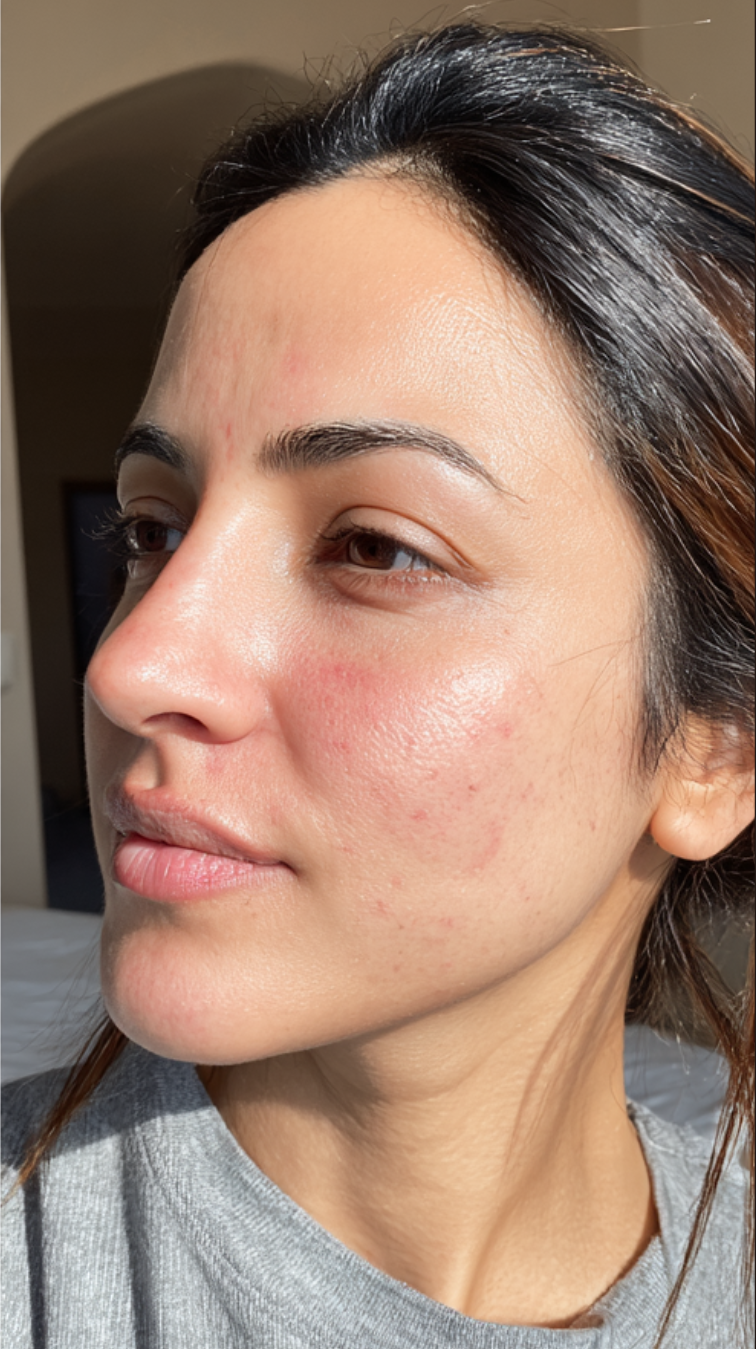 Woman with acne on her face, wearing a gray shirt.