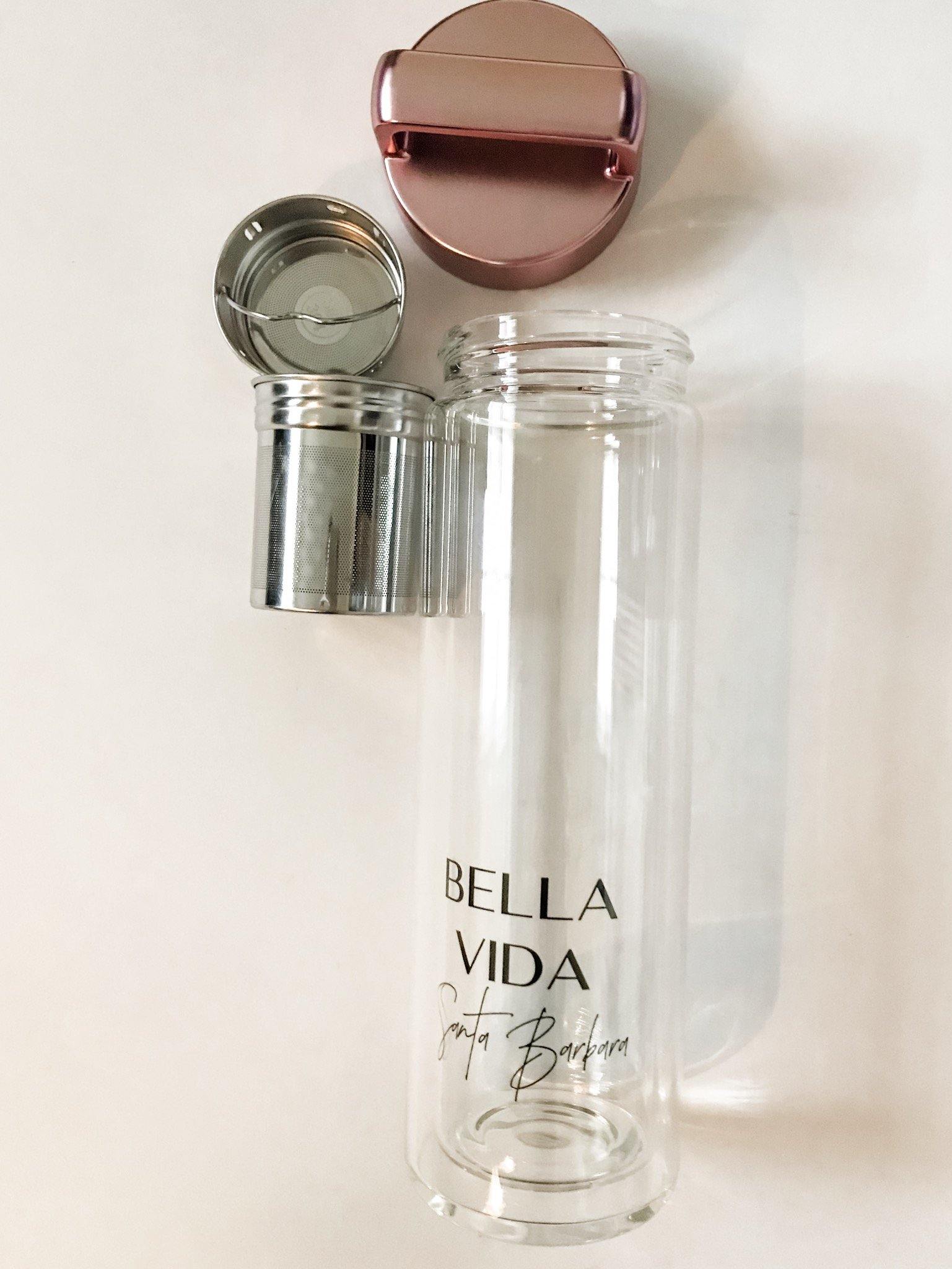 Bella Vida Santa Barbara Glass Detox Water Bottles in Gold or Rose Pink with tea infuser Detoxify Zero Waste